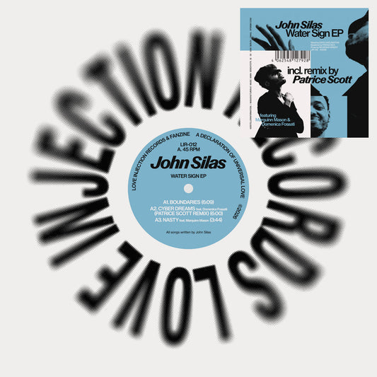 Portada del vinilo John Silas – Water Sign EP, EP de 12" en Love Injection Records, con collage fotográfico en azul y negro y tipografía destacada.