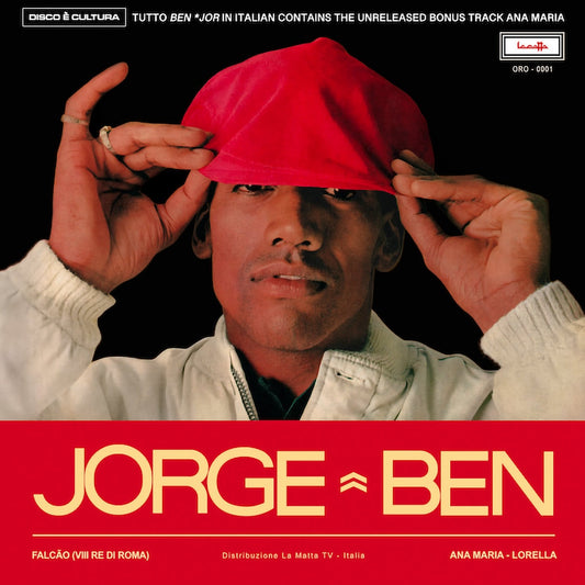 Vinilo Jorge Ben – Tutto Ben (Falcão), portada con retrato de Jorge Ben ajustando gorra roja sobre fondo negro, diseño limpio y logo La Matta Records, formato 7" reedición.