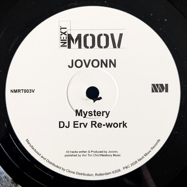 Lado B del vinilo 10" Jovonn – Classic Vybes (DJ Erv Re-work), etiqueta central blanca con pista Mystery, rework de DJ Erv y referencia NMRT003V.