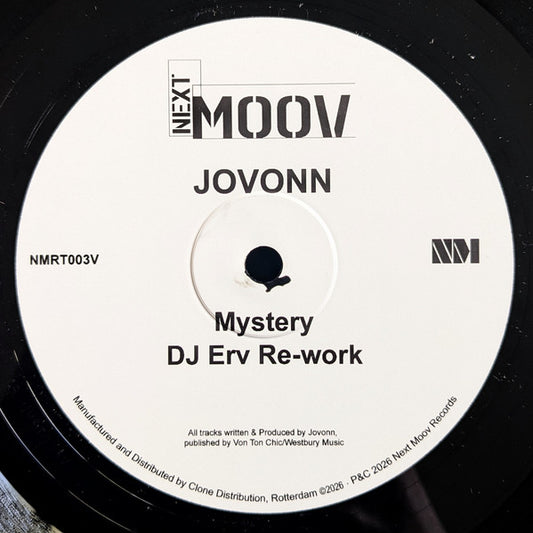 Lado B del vinilo 10" Jovonn – Classic Vybes (DJ Erv Re-work), etiqueta central blanca con pista Mystery, rework de DJ Erv y referencia NMRT003V.