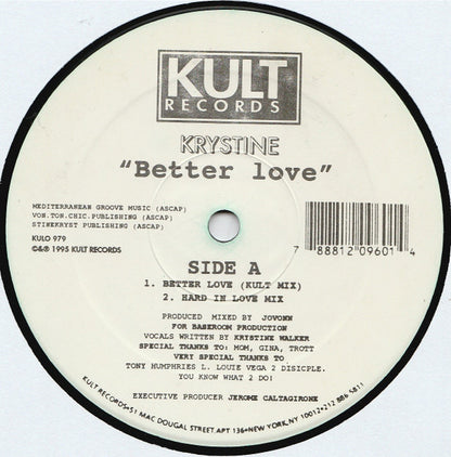 Disco lado A del vinilo "Better Love" de Jovonn feat. Krystine (Kult Records, 12"). Incluye el "Kult Mix" y el "Hard In Love Mix", con créditos de producción y agradecimientos.