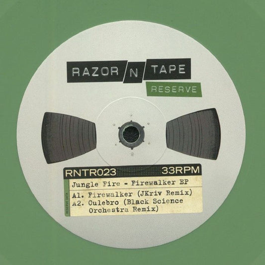 Etiqueta central del vinilo verde Jungle Fire – Firewalker EP con remixes de JKriv y Black Science Orchestra en el lado A
