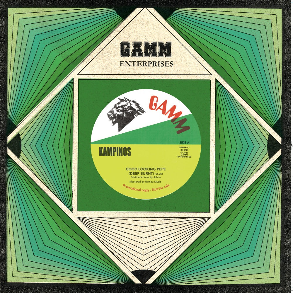 Portada del vinilo 12" Kampinos – Good Looking Pepe (Deep Burnt) lanzado por G.A.M.M., con diseño geométrico en tonos verdes y beige y el logo del sello al centro en estilo retro.
