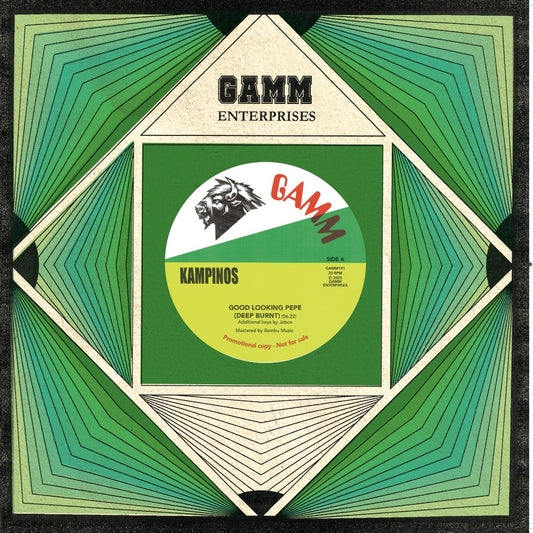 Portada del vinilo 12" Kampinos – Good Looking Pepe (Deep Burnt) lanzado por G.A.M.M., con diseño geométrico en tonos verdes y beige y el logo del sello al centro en estilo retro.