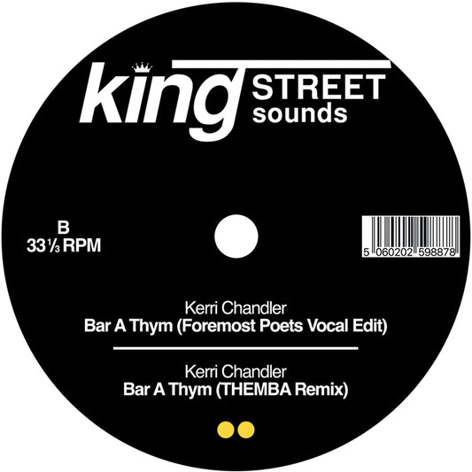 Portada trasera del vinilo mostrando los temas del lado B. Vinilo de Kerri Chandler – Bar A Thym editado por BPM King Street Sounds en 12".