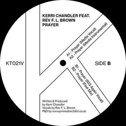Etiqueta del lado B del vinilo Kerri Chandler Feat. Rev F. L. Brown – Prayer (Kaoz Theory 12"), mostrando lista de pistas, créditos de producción y número de catálogo KT021V.