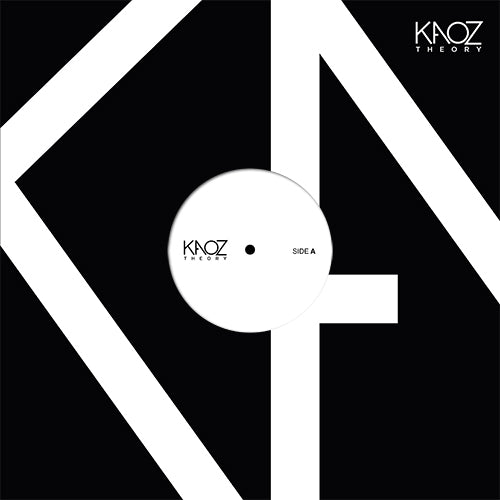 Portada del vinilo Kerri Chandler Feat. Rev F. L. Brown – Prayer con arte geométrico en blanco y negro y el distintivo logo de Kaoz Theory en la esquina superior.