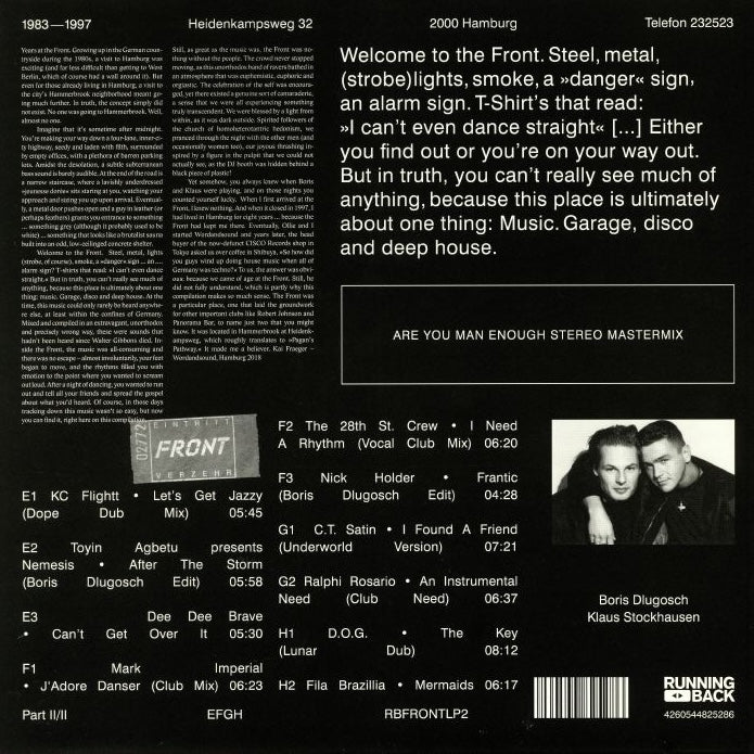 Contraportada del vinilo Klaus Stockhausen & Boris Dlugosch – Running Back Mastermix Presents - Front / Part 2 (Classic House), texto sobre el club Front, tracklist completo, código RBFRONTLP2 y sello Running Back.