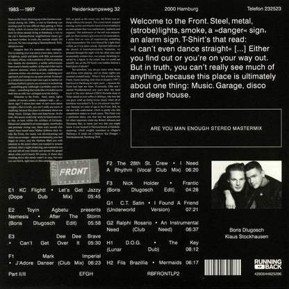 Contraportada del vinilo Klaus Stockhausen & Boris Dlugosch – Running Back Mastermix Presents - Front / Part 2 (Classic House), texto sobre el club Front, tracklist completo, código RBFRONTLP2 y sello Running Back.