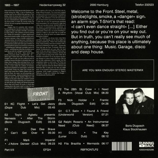Contraportada del vinilo Klaus Stockhausen & Boris Dlugosch – Running Back Mastermix Presents - Front / Part 2 (Classic House), texto sobre el club Front, tracklist completo, código RBFRONTLP2 y sello Running Back.