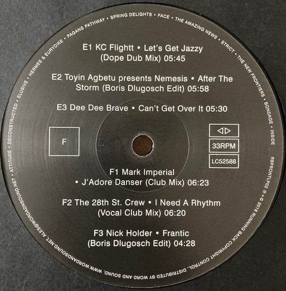 Lado F del vinilo Klaus Stockhausen & Boris Dlugosch – Running Back Mastermix Presents - Front / Part 2 (Classic House), label 33RPM con KC Flightt, Toyin Agbetu, Dee Dee Brave y duraciones visibles.