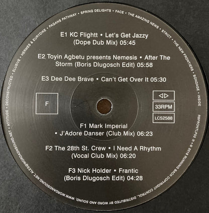 Lado F del vinilo Klaus Stockhausen & Boris Dlugosch – Running Back Mastermix Presents - Front / Part 2 (Classic House), label 33RPM con KC Flightt, Toyin Agbetu, Dee Dee Brave y duraciones visibles.