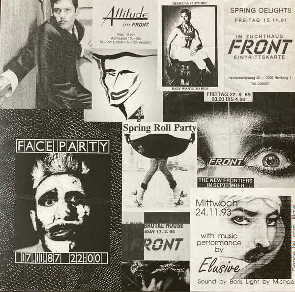 Gatefold interior 1 del vinilo Klaus Stockhausen & Boris Dlugosch – Running Back Mastermix Presents - Front / Part 2 (Classic House), collage de flyers originales del club Front en blanco y negro.