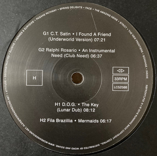 Lado H del vinilo Klaus Stockhausen & Boris Dlugosch – Running Back Mastermix Presents - Front / Part 2 (Classic House), label 33RPM con C.T. Satin, Ralphi Rosario, D.O.G. y Fila Brazillia más tiempos.