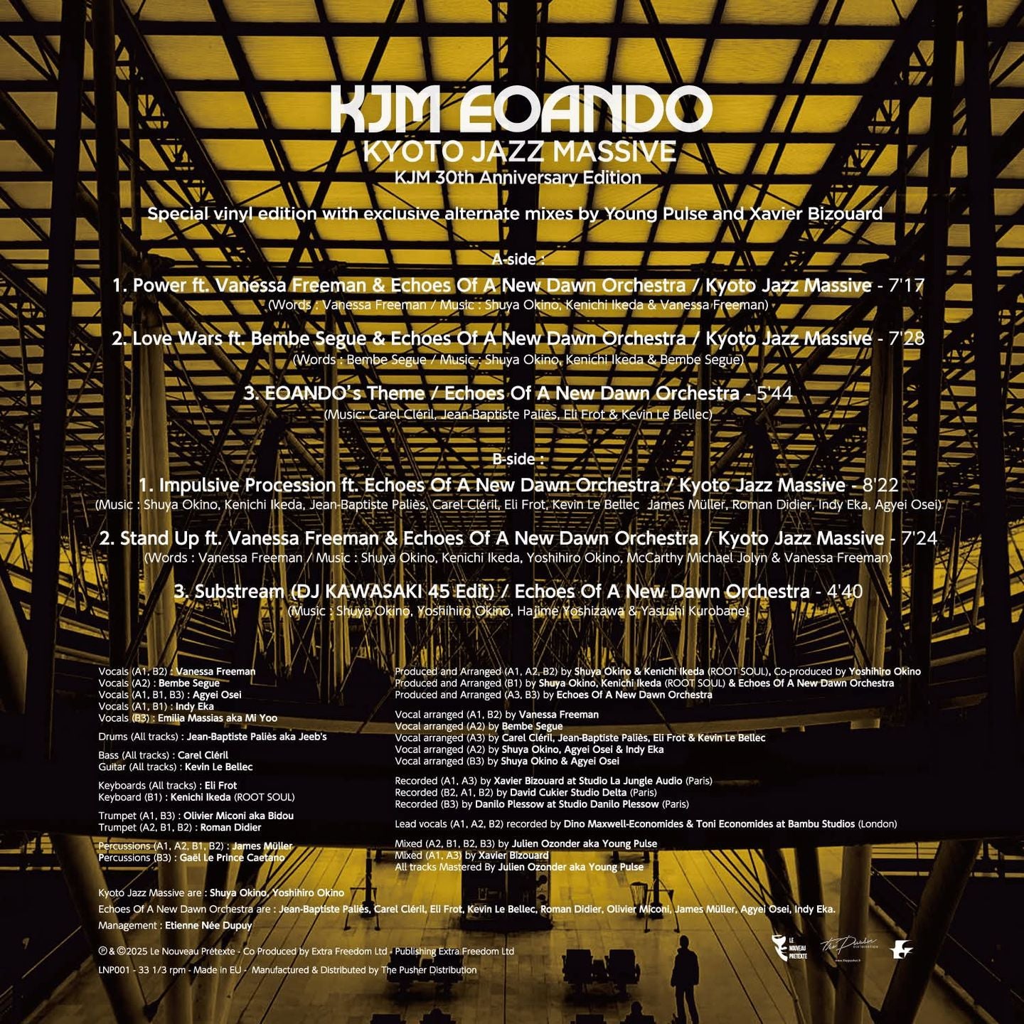 Contraportada del vinilo Kyoto Jazz Massive – KJM EOANDO (KJM 30th Anniversary Edition), tracklist y créditos.