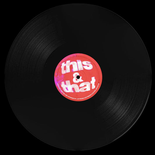 Etiqueta central lado A del vinilo LadyMonix – This & That EP, con diseño rojo vibrante y tipografía blanca en gran tamaño.