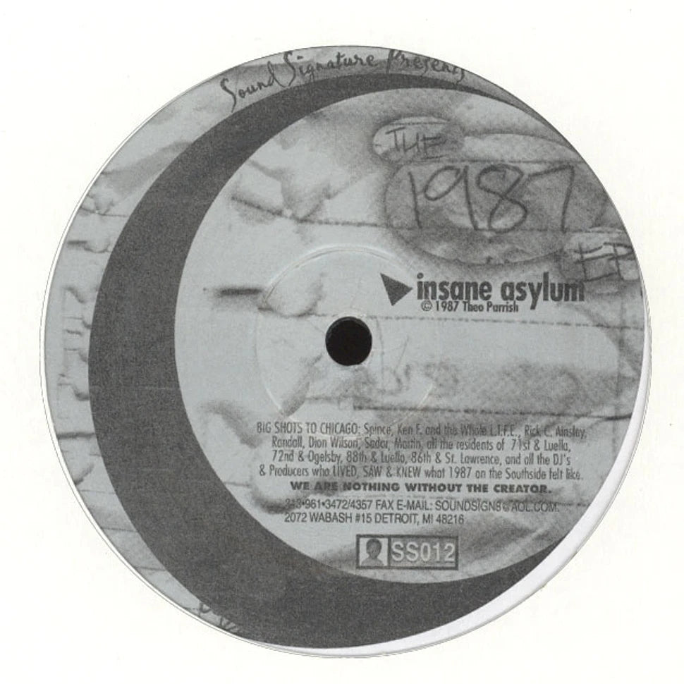 Lado del vinilo Leron Carson / Theo Parrish – The 1987 EP, etiqueta gris Sound Signature con logo Insane Asylum y créditos visibles.