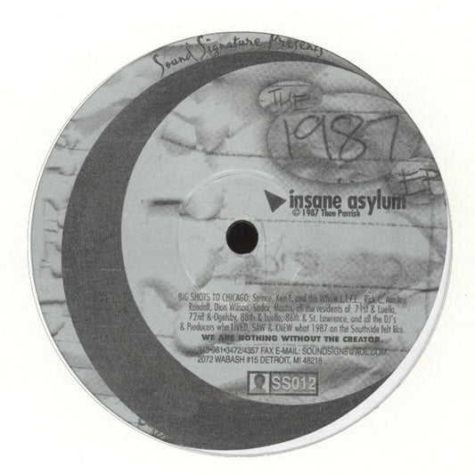 Lado del vinilo Leron Carson / Theo Parrish – The 1987 EP, etiqueta gris Sound Signature con logo Insane Asylum y créditos visibles.