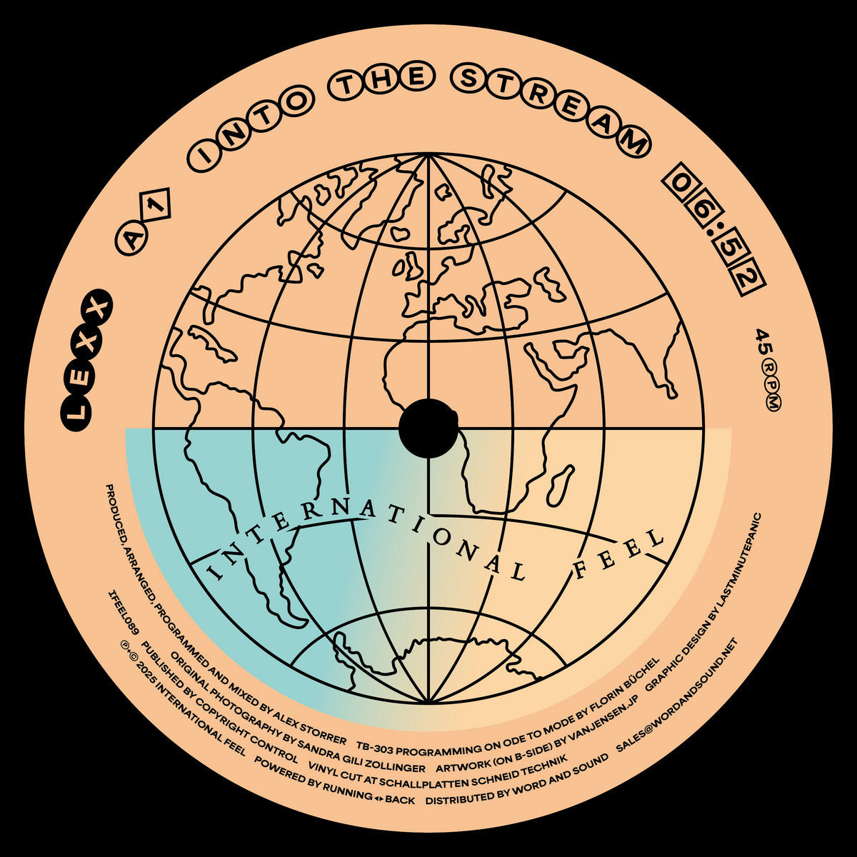 Etiqueta central lado A del vinilo Lexx – Into The Stream (12", EP), mostrando el título, duración de 6:52, créditos de Alex Storrer y el logotipo de International Feel Recordings.