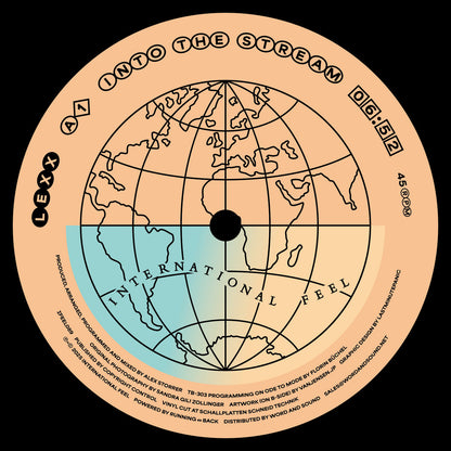Etiqueta central lado A del vinilo Lexx – Into The Stream (12", EP), mostrando el título, duración de 6:52, créditos de Alex Storrer y el logotipo de International Feel Recordings.