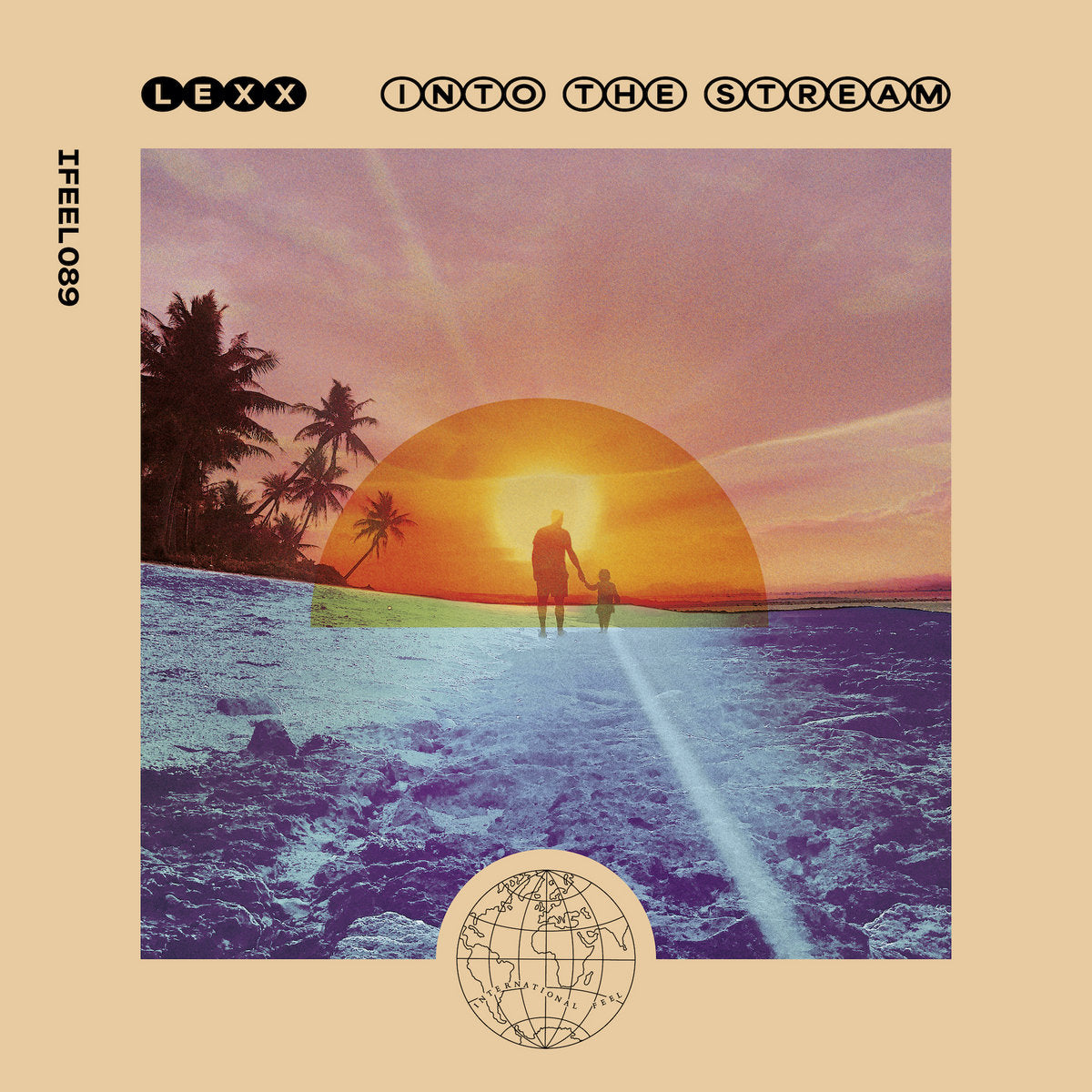Portada del vinilo Lexx – Into The Stream (12", EP) en International Feel Recordings, con arte de paisaje tropical y un atardecer surreal que mezcla tonos cálidos y fríos.