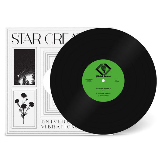 Portada del vinilo 12" LLL – Helllinn Volume 1 en Star Creature, funda blanca con arte minimalista en blanco y negro y disco parcialmente visible.