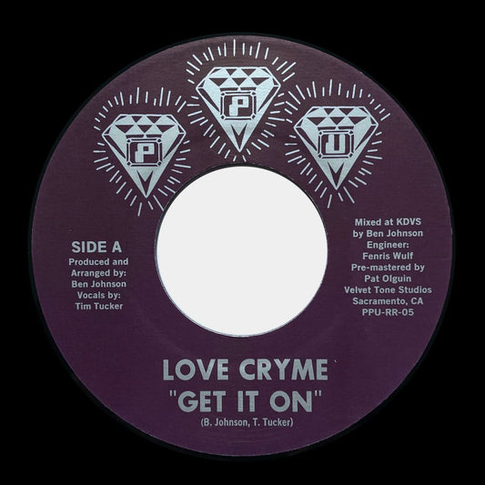 Etiqueta central del lado A del vinilo Love Cryme – Get It On, con créditos de producción, vocales y arte del sello Peoples Potential Unlimited.