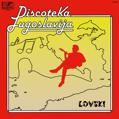 Portada del vinilo Lovski – Discoteka Jugoslavija LP en Idemo Records, arte rojo y mapa con figura tocando guitarra.