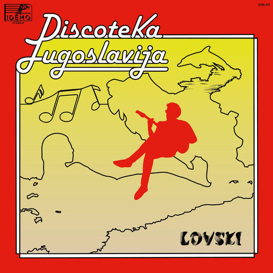 Portada del vinilo Lovski – Discoteka Jugoslavija LP en Idemo Records, arte rojo y mapa con figura tocando guitarra.