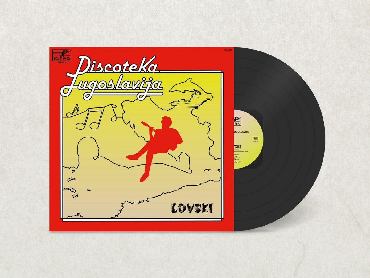 Funda y vinilo Lovski – Discoteka Jugoslavija LP Idemo Records parcialmente fuera, mostrando portada y disco negro clásico.