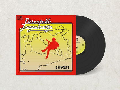 Funda y vinilo Lovski – Discoteka Jugoslavija LP Idemo Records parcialmente fuera, mostrando portada y disco negro clásico.