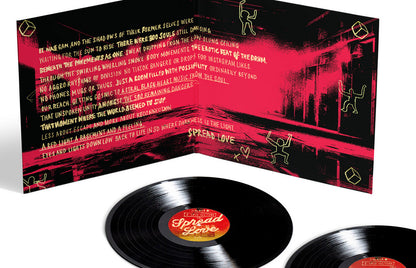Interior de la funda de Luke Una – É Soul Cultura Volume 3: texto amarillo sobre fondo rojo y negro, con vinilo.