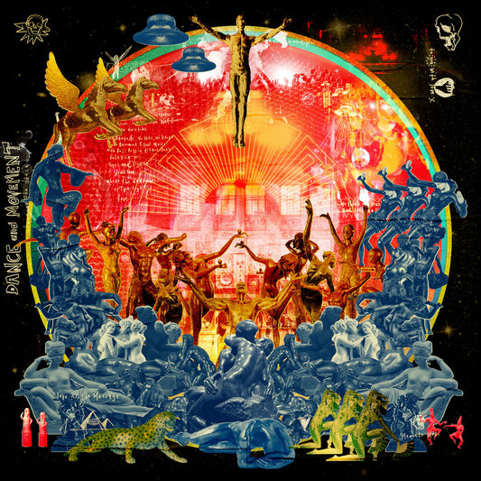 Portada del vinilo Luke Una – É Soul Cultura Volume 3: collage de figuras azules y doradas sobre un arco rojo.