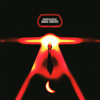 Contraportada del vinilo Maison Blanche – What A Time! (Pont Neuf Records, 12"), con una figura solitaria bajo un haz de luz roja intensa y un diseño minimalista que refleja el espíritu del dance moderno.