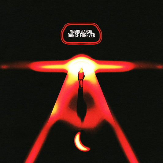 Contraportada del vinilo Maison Blanche – What A Time! (Pont Neuf Records, 12"), con una figura solitaria bajo un haz de luz roja intensa y un diseño minimalista que refleja el espíritu del dance moderno.