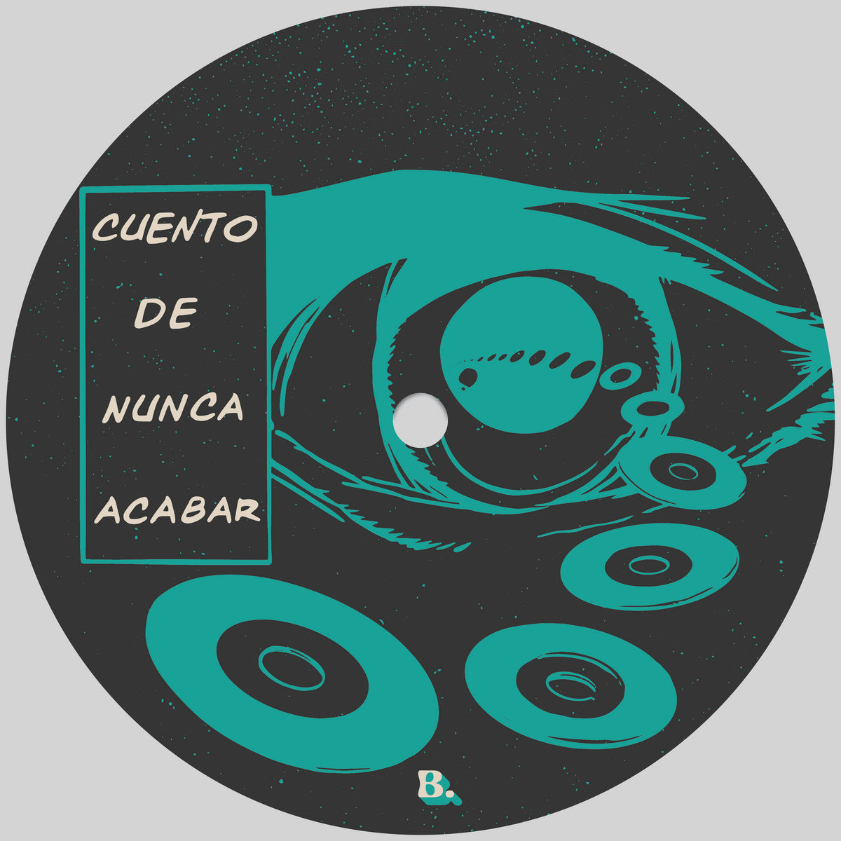 Lado B del vinilo 7" Maker – Baila Conmigo Edit con ilustración de ojo y discos flotando sobre fondo negro turquesa.