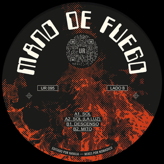 Lado B del vinilo Mano De Fuego – UR Presenta Mano De Fuego, sello Underground Resistance 12", diseño oscuro con QR central, catálogo UR 095 y lista de pistas completa.