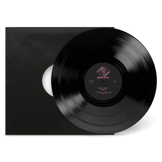 Vinilo ManooZ – Time 4 Houze! negro, parcialmente fuera de una funda negra, con etiqueta central en rosa.