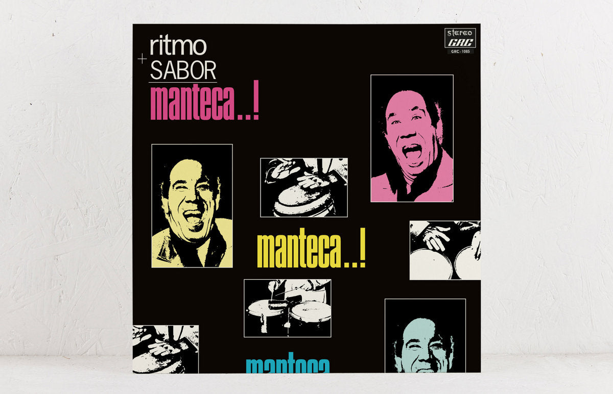 Vinilo Manteca – Ritmo Y Sabor: portada fotografiada sobre fondo blanco, con retratos de colores y percusión.
