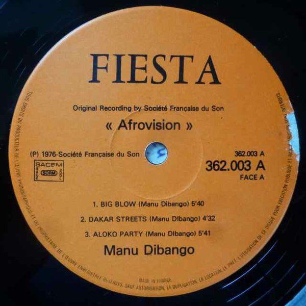 Lado A del vinilo Manu Dibango – Afrovision, LP Fiesta, etiqueta naranja con catálogo 362.003 A y tres pistas con duraciones visibles.