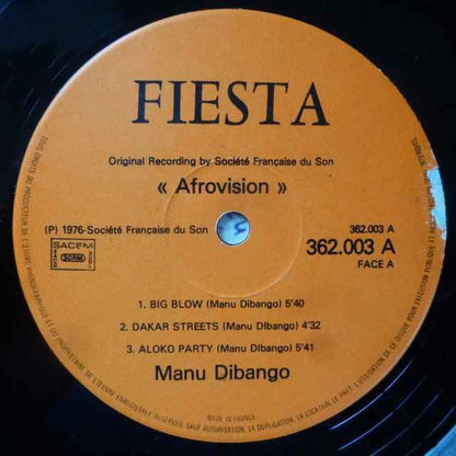 Lado A del vinilo Manu Dibango – Afrovision, LP Fiesta, etiqueta naranja con catálogo 362.003 A y tres pistas con duraciones visibles.