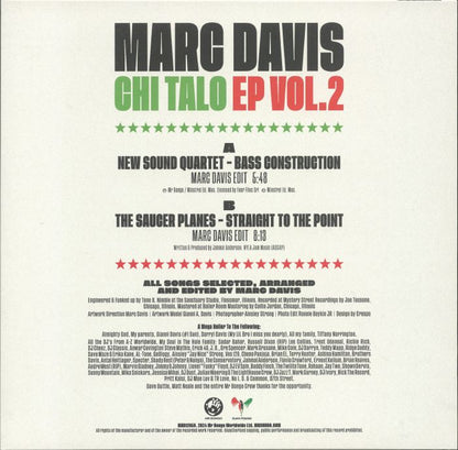 Portada trasera del vinilo Marc Davis – Chi Talo EP Volume 2, publicado por Mr Bongo en 12". Incluye la lista de canciones, créditos de producción y agradecimientos.