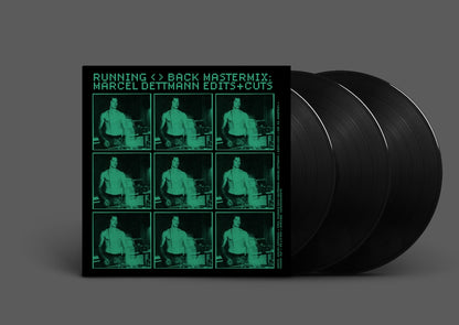 Vista del vinilo Marcel Dettmann – Running Back Mastermix: Marcel Dettmann Edits+Cuts con portada y los tres LPs negros parcialmente extraídos, resaltando el formato triple.