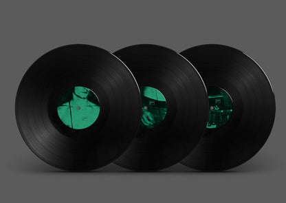 Tres vinilos negros del álbum Marcel Dettmann – Running Back Mastermix: Marcel Dettmann Edits+Cuts con etiquetas centrales en verde, destacando el arte minimalista y el corte DJ-friendly.
