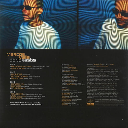Contraportada del vinilo Marcos Valle – Contrasts en 12" LP Far Out Recordings, con créditos, lista de temas y retratos.