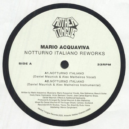 Etiqueta central lado A del vinilo 12" Mario Acquaviva – Notturno Italiano Reworks en Mother Tongue Records con pistas vocal e instrumental.