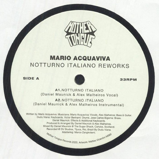 Etiqueta central lado A del vinilo 12" Mario Acquaviva – Notturno Italiano Reworks en Mother Tongue Records con pistas vocal e instrumental.