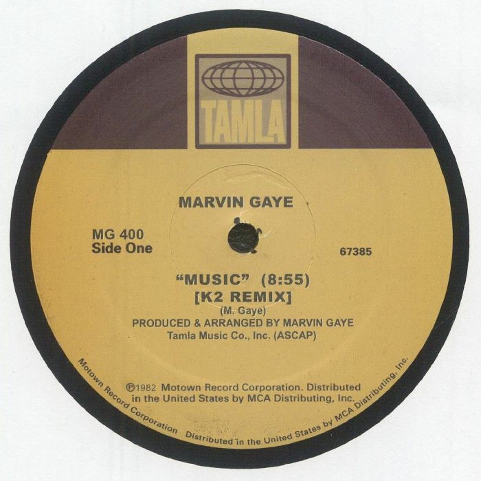 Vinilo Tamla con la etiqueta del Lado Uno de Marvin Gaye – Music K2 Remix, mostrando duración 8:55, créditos y catálogo MG 400.