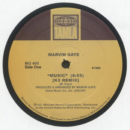 Vinilo Tamla con la etiqueta del Lado Uno de Marvin Gaye – Music K2 Remix, mostrando duración 8:55, créditos y catálogo MG 400.
