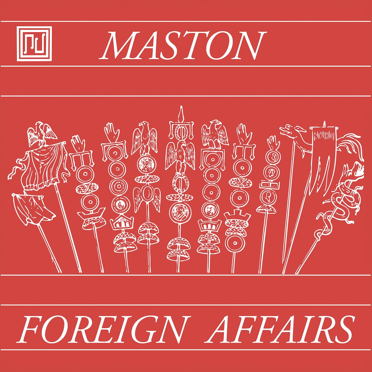 Portada del vinilo Maston – Foreign Affairs, 7 pulgadas sencillo en rojo, con ilustraciones blancas simbólicas y tipografía clásica, editado por Be With Records.